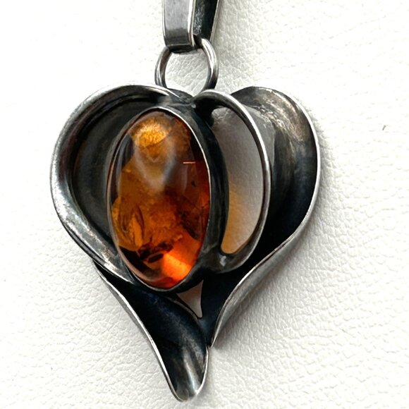 Vintage Baltic Amber Heart Pendant Necklace Sterling Silver 925 17” Chain - Picture 11 of 15